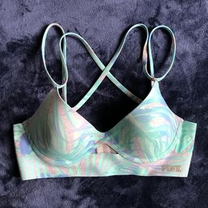 Victoria's Secret PINK Push-up Bonded Bra w/Gray,Blue & Green Palm Leaves. Sz: L
